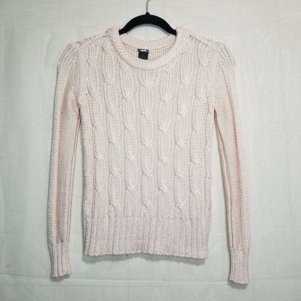 Magaschoni Shiny Cable Knit Sweater Cream Size XS Round Neck Pullover stretchy